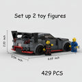 Toy car model made from building blocks with dimensions and piece count displayed.
