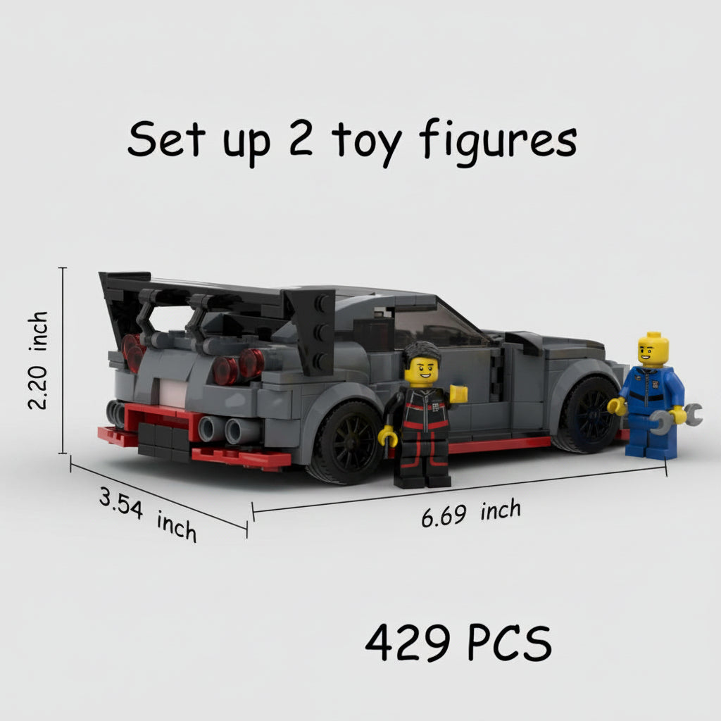 Toy car model made from building blocks with dimensions and piece count displayed.