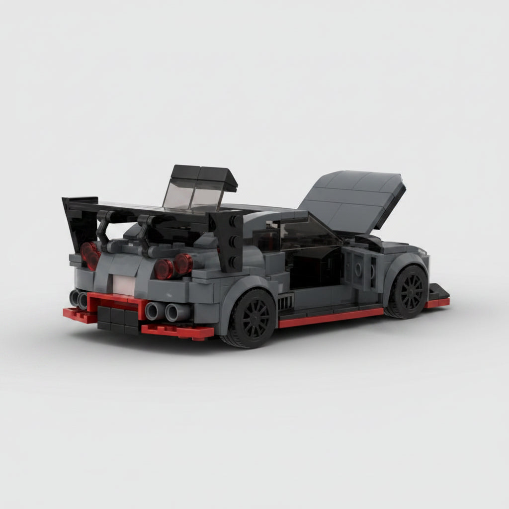 Model car made of interlocking bricks on a white background